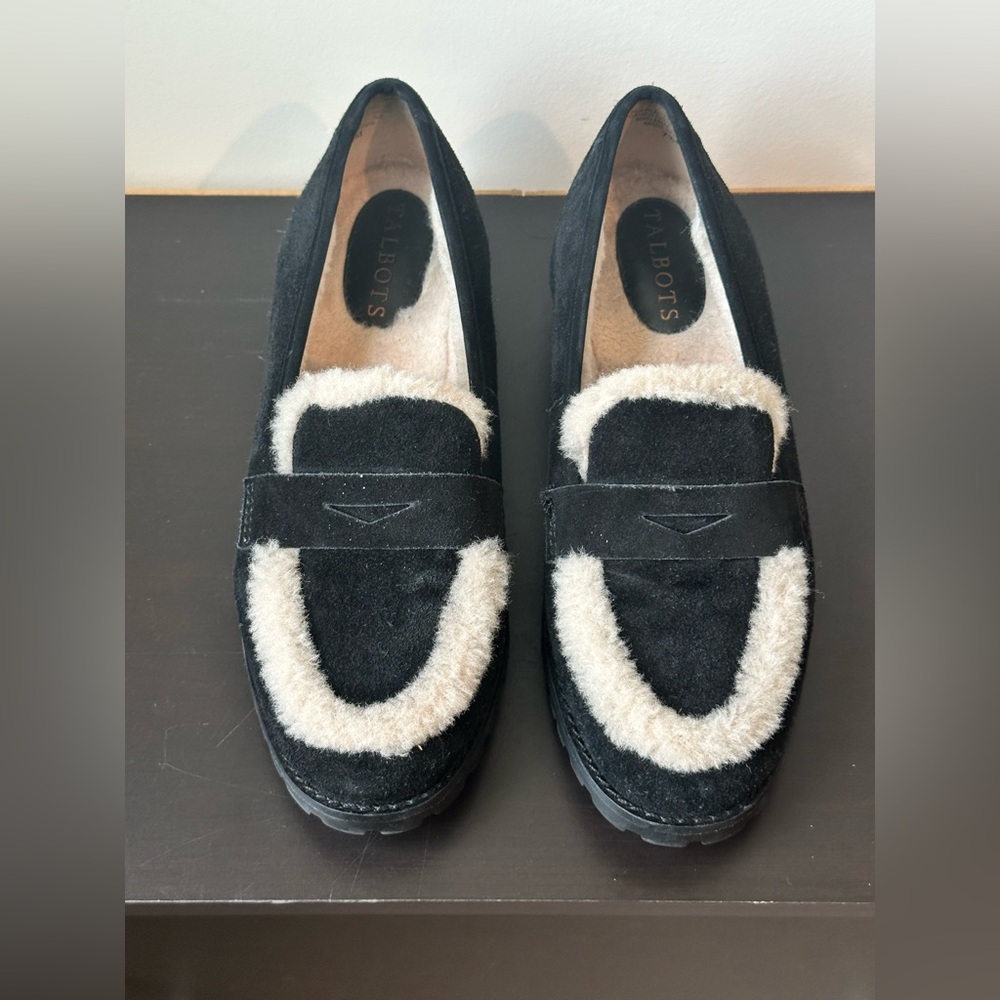 Talbots Black Suede Slip-On Shoes with Sherpa lining details Woman’s size 7.5